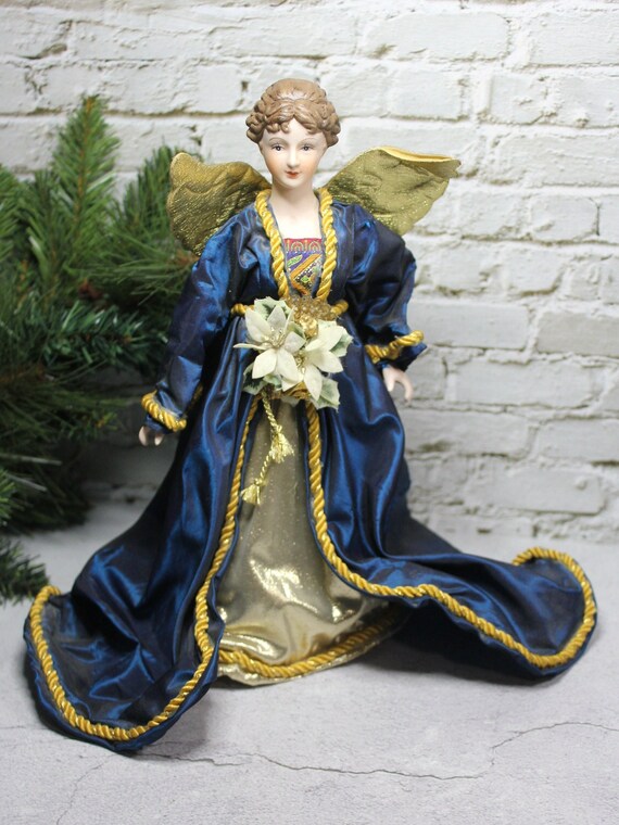 Vintage Angel Tree Topper Blue and Gold With Gold Wings Etsy