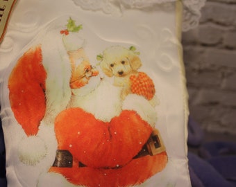 Vintage Christmas Stocking With Santa And Puppy 80s lace trim by Giordano Art Ltd. 1986. Vintage Christmas Decor. Christmas Eve Decor.