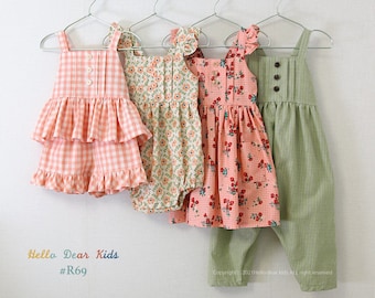 R69/ Naaipatroon/pdf-naaipatroon/4 jurk met bandjes, romper, top en broek/naaipatroon kinderen/baby-naaipatroon/3 m~12 jaar
