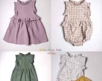 R103/patrón de costura para niños/patrón de costura PDF/Vestido de paquete, mameluco, mono, pantalones /A0 y A4 o tamaño carta/Patrones de costura en capas/3M-12Y