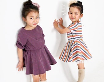 Kid's sewing pattern pdf/Toddler Kids/ Little Girl dress-2 ways of neckline / Waist banding flare dress / sizes 12M to 6Years