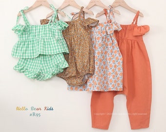 R95/ kinderen naaipatroon/PDF-naaipatroon/bundelriembroek, jurk, rompertjes/ A0 en A4 of lettergrootte/gelaagde PDF-naaipatronen/ 3M ~ 12Y