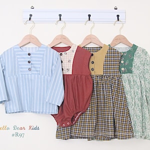 Vestido, top, mameluco, paquete R97, patrón de costura para niños, patrón de costura en PDF, tamaño A0 y A4 o carta, patrones de costura en PDF en capas, 3 meses a 12 años