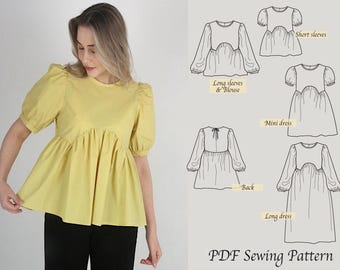Women's PDF Sewing Pattern/Arch shirring dress ,Blouse/A4 or letter size and Projector file/Layered pattern/women dress - (sizes 02-20) WD-2