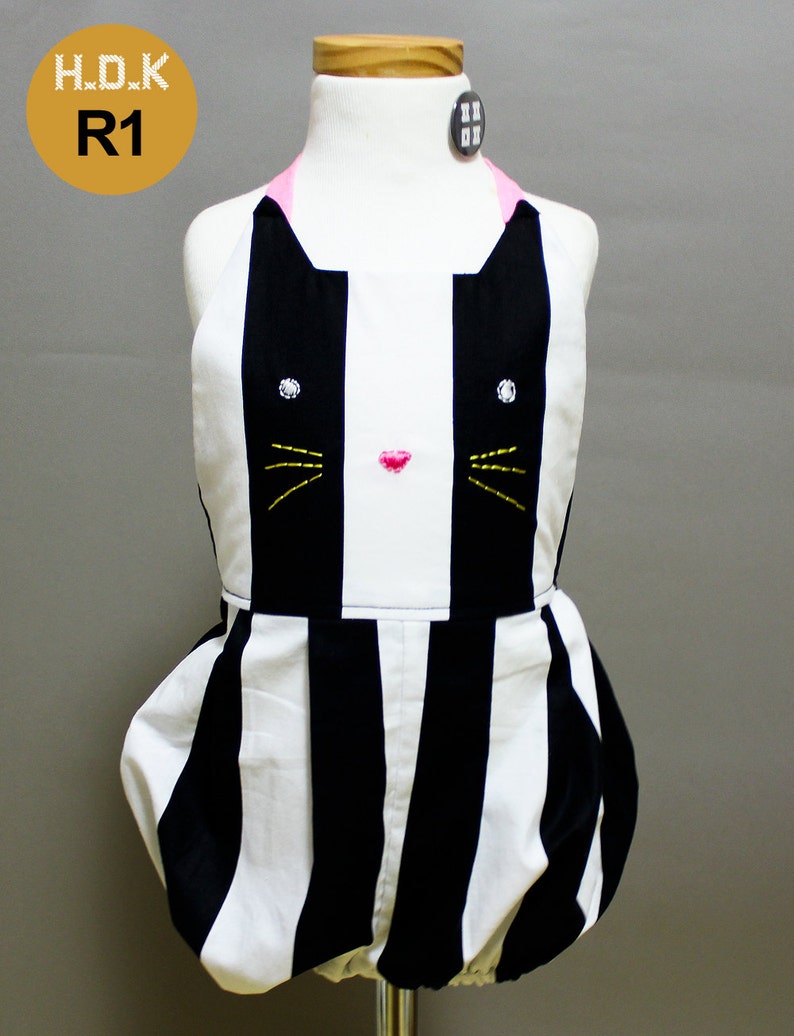 Kid's sewing pattern pdf, kid's romper / overalls with cat face, sizes 2T to 7T. image 4