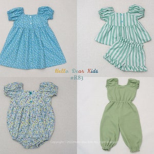 Pode incluir: Três roupas diferentes para menina. A primeira roupa é um vestido azul com padrão floral. A segunda roupa é um conjunto de top e shorts listrados verde e branco. A terceira roupa é um macacão verde. O texto "Hello Dear Kids #R83" é visível na imagem.
