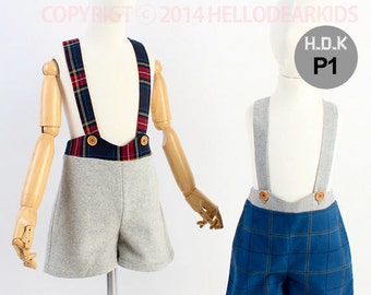 Kid's sewing pattern pdf/Toddler Kid's suspender pants / for Christmas/ overall/ All in one with plaid pattern, sizes 2T to 7