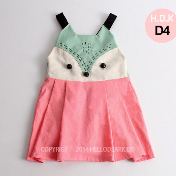 D4/Girl's  dress/ Kid's sewing pattern pdf/Toddler/ suspender skirt / jumper skirt/ overall skirt/ fox face dress, sizes 12M-7years