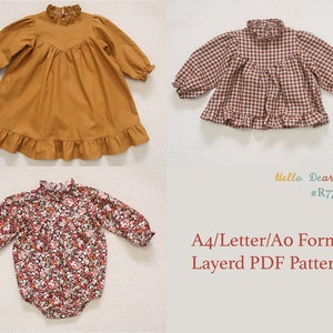 R77/ kinderen naaipatroon/PDF-naaipatroon/bundeljurk, blouse en romper/ A0 en A4 of letterformaat/gelaagde PDF-naaipatronen/ 3M ~ 12Y