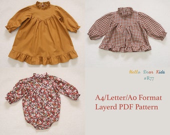 R77/ kids Sewing pattern/PDF sewing pattern/Bundle dress, blouse and romper/ A0 and A4 or letter size/Layered PDF Sewing Patterns/ 3M~12Y