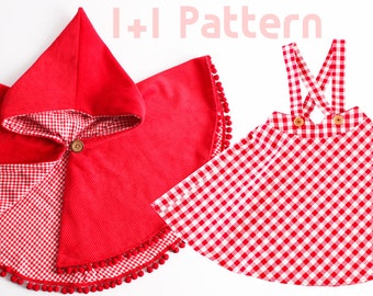 Girl's dress/ 1+1 Kid's sewing pattern pdf/ Kid's suspender skirt and red riding hood /  2 patterns/ , sizes 2T to 7Years.