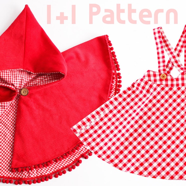 Girl's dress/ 1+1 Kid's sewing pattern pdf/ Kid's suspender skirt and red riding hood /  2 patterns/ , sizes 2T to 7Years.