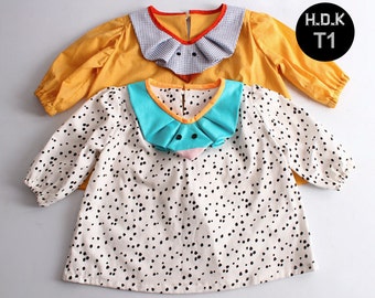 T1/ Kid's sewing pattern pdf, blouse, tunic, top, pleated collars sizes 2T to 7T.