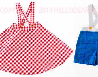 Kid's sewing pattern/ 1+1 Kid's sewing pattern pdf/ Kid's suspender skirt and pants /  2 patterns/ plaid pattern, sizes 2T to 7Y
