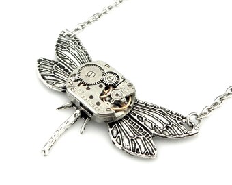 Petite Dragon fly Necklace - mechanical clockwork dragonfly Steampunk pendant - edwardian steampunk