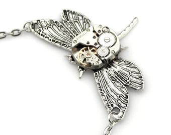 Steampunk Dragonfly Pendant - mechanical clockwork dragonfly necklace Steampunk Gift Idea