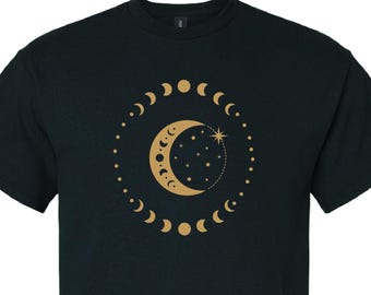 Camiseta de fase lunar mística, camiseta de algodón celestial