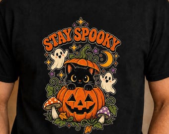 Stay Spooky Black Cat Halloween Shirt or Hoodie, Youth and Adult