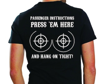 Instrucciones para pasajeros Presione aquí Agárrese fuerte Camiseta de motociclista Camiseta de motocicleta