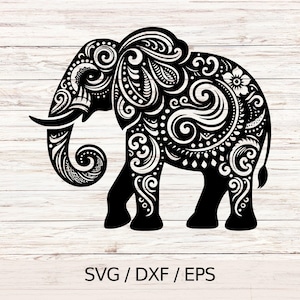 May include: Black and white silhouette of an elephant with intricate floral patterns throughout the body. The elephant is facing right and has a long trunk.
