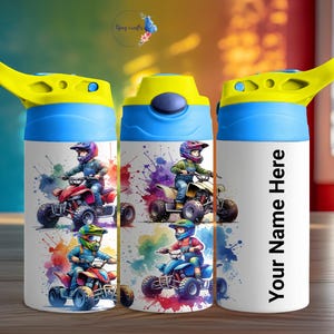 May include: Three blue and yellow water bottles with a white background. Each bottle features a different design of a child riding an ATV on a watercolor background. One bottle has the text "Your Name Here" on it.