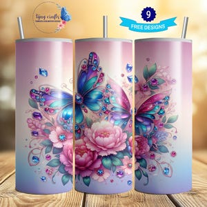 Colorful butterfly floral seamless tumbler wrap, skinny tumbler sublimation, 20oz tumbler sublimation design, PNG digital file