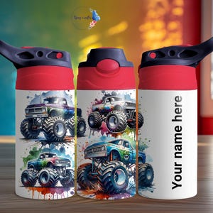 May include: Three red and black water bottles with a white background. Each bottle features a different monster truck design with colorful watercolor splatters. One bottle has the text "Your name here" on it.