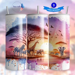 African Safari Sunset Tumbler Wrap,20oz Skinny Tumbler Sublimation,Wildlife Savannah Design,Instant Download PNG,Zebra Giraffe Elephant