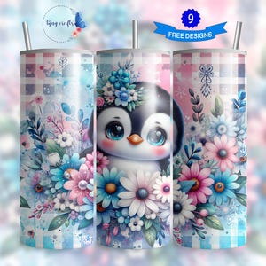 Adorable penguin flower wrap tumbler design, 20oz skinny tumbler sublimation, cute floral penguin instant download png