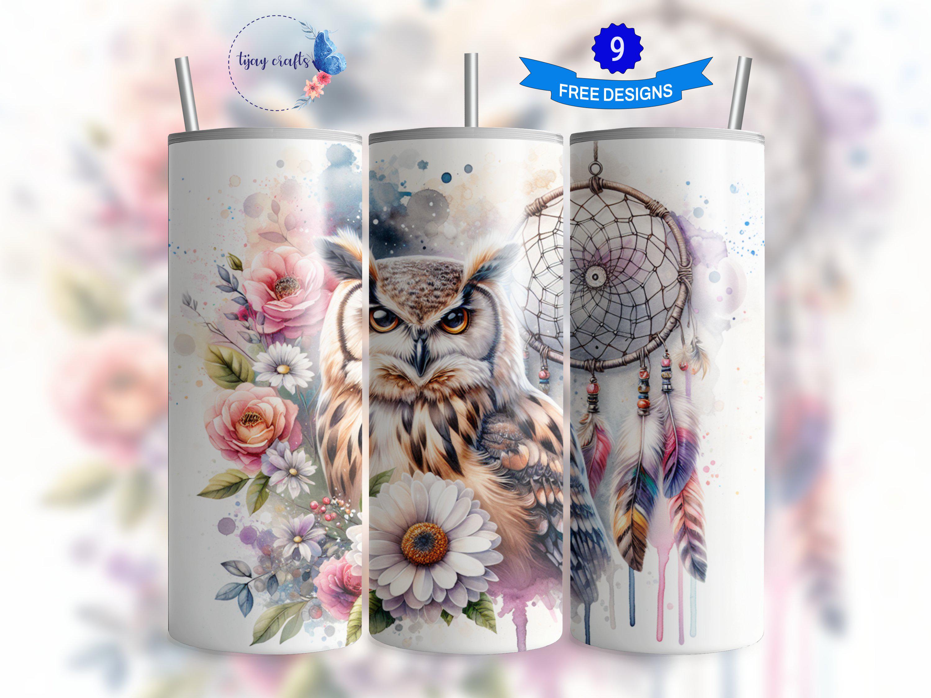 Owl Dreamcatcher Flowers Tumbler Wrap Sublimation Design, 20oz Skinny Tumbler PNG Instant Download, 