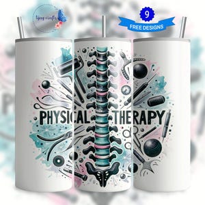 Può includere: Tre bicchieri bianchi con un design di colonna vertebrale e strumenti di fisioterapia. I bicchieri hanno la scritta "PHYSICAL THERAPY" stampata su di essi.