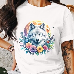 Wolf Floral Sublimation Design PNG, Moon and Flowers Wolf Digital Art, Wild Animal Sublimation, Instant Download Art