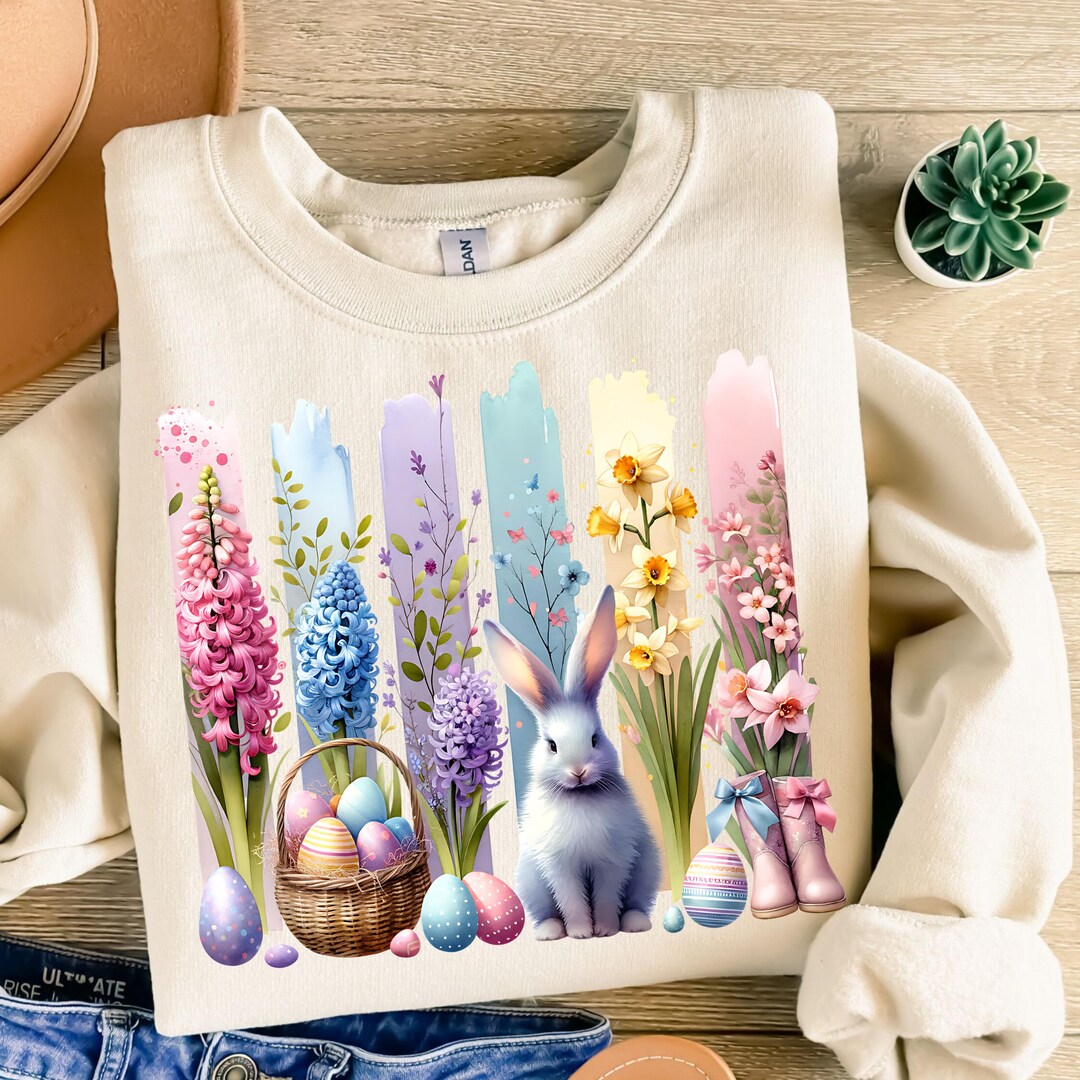 Cute Easter Bunny Floral Basket Spring Eggs Sublimation Design, PNG ...