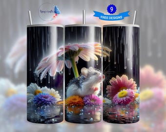 Cute Mouse with Flowers 20oz Skinny Tumbler Wrap, Rainy Day Tumbler Sublimation Design PNG, Instant Download Tumbler Design