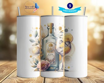 Gin and Tonic Tumbler Wrap, Floral Tumbler Design, 20oz Skinny Tumbler PNG, Sublimation Tumbler Wrap, Digital Download, Floral Drink PNG