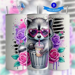 Diseño de sublimación para vaso delgado de 20 oz con diseño de mapache Stay Trashy Descarga digital PNG Envoltura para vaso con diseño de mapache divertido