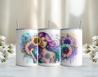 Stronger Than The Storm Tumbler Wrap, 12oz Skinny Tumbler Sublimation Design, Colorful Floral Girl PNG, Instant Download
