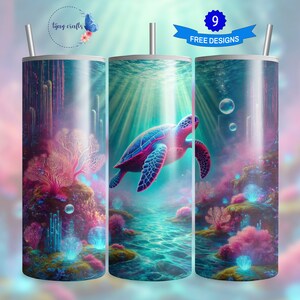 Sea Turtle Tumbler Wrap, Underwater Ocean Skinny Tumbler, 20oz Sublimation Design, Instant Download PNG, Marine Life Art