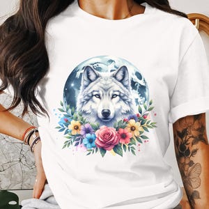 Wolf with Moon and Flowers Sublimation Design PNG, Digital Download for T-Shirts, Mugs, Pillows, Creative Projects