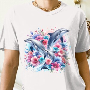 Motif floral dauphin, Art T-shirt par sublimation, téléchargement numérique, dauphins colorés PNG, Illustration de l&#39;océan l&#39;été
