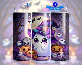 Lindo vaso de sublimación con diseño de bruja fantasma de Halloween de 20 oz, vaso delgado PNG, descarga instantánea, diseño de vaso espeluznante