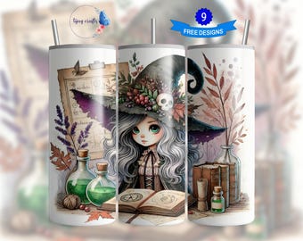 Envoltura de vaso de bruja de Halloween PNG, diseño de sublimación de vaso delgado de 20 oz, descarga instantánea, arte digital de bruja gótica, hechizos mágicos