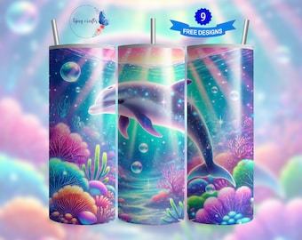 Underwater Dolphin Tumbler Wrap, Vibrant Ocean Tumbler Design, 20oz Skinny Tumbler Sublimation, Instant Download PNG