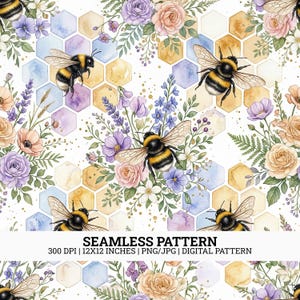 Watercolor Bee and Wildflower Seamless Pattern (Digital Download)