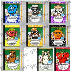 May include: Nine composition notebooks with unique cartoon character designs. Each notebook features a different character, including a number 67, a coffee cup, a monkey, a penguin, an orange, a cat, and an elephant. Each notebook has a pencil.