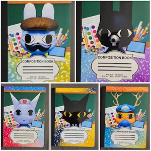May include: Five composition books featuring cartoon animal characters on the covers. Each book displays the text COMPOSITION BOOK, Wide Rule, 80 Sheets, and 9.75 in x 7.5 in / 24.7 cm x 19.0 cm. The designs include a rabbit with a mustache, a black rabbit, a nurse cat, a black cat, and a deer.
