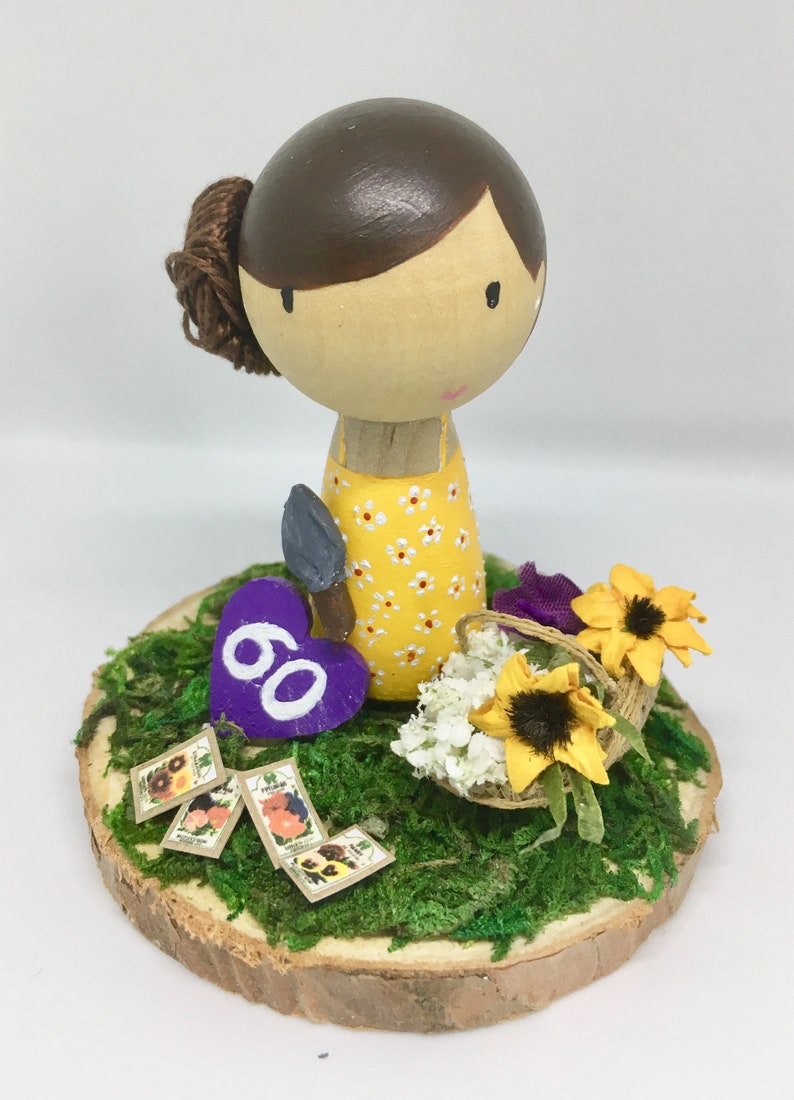 Custom made Gardener Mini Me Cake Topper with wooden base personalised hand pained wooden dolls