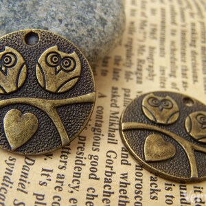 10 pcs of Antique Bronze Two Owls In Love Round Charms 25mm A116