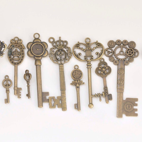 Antique Bronze Skeleton Key Charms Pendants Collection Mixed Style Set of 12  A3087