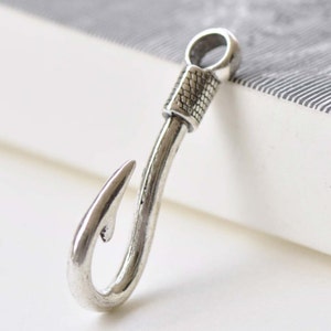 Antique Silver Large Hole Fish Hook Charms Coiled Fishing Pendants  Set of 10 A8550